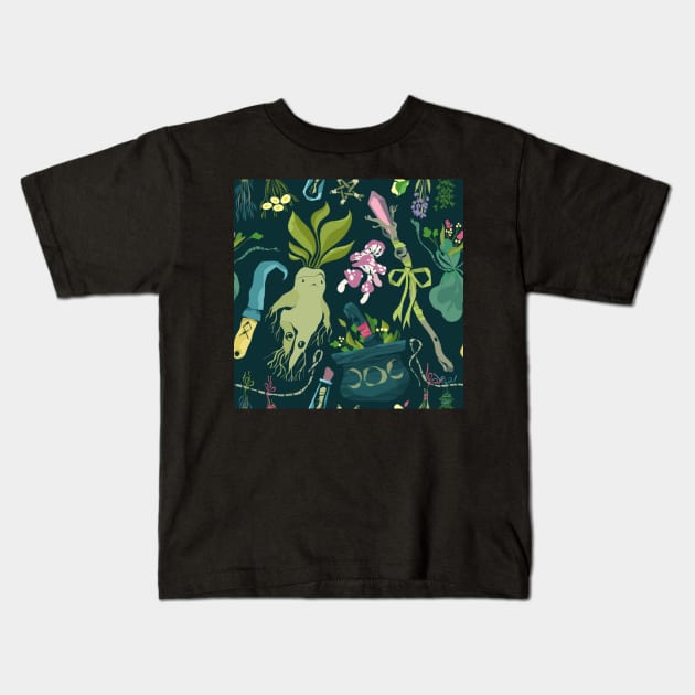 Green Witchcraft Kids T-Shirt by fabiomancini